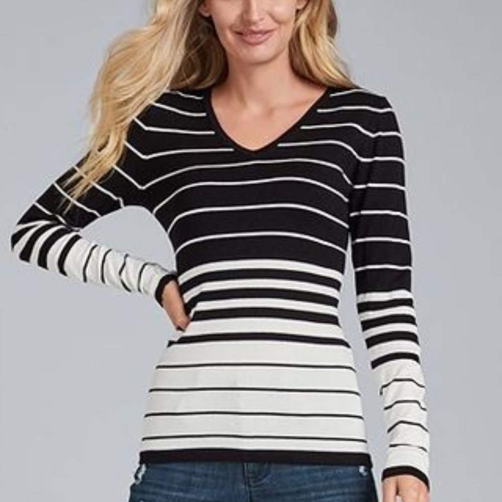 Venus Black and White Striped V-neck Sweater with back bow detail